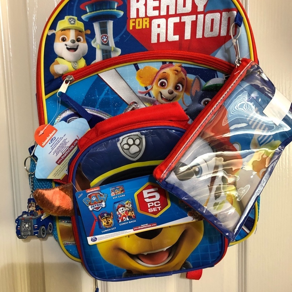 Paw Patrol 5pc back‎ to school backpack- lunch bag snack bag keychain snack pack